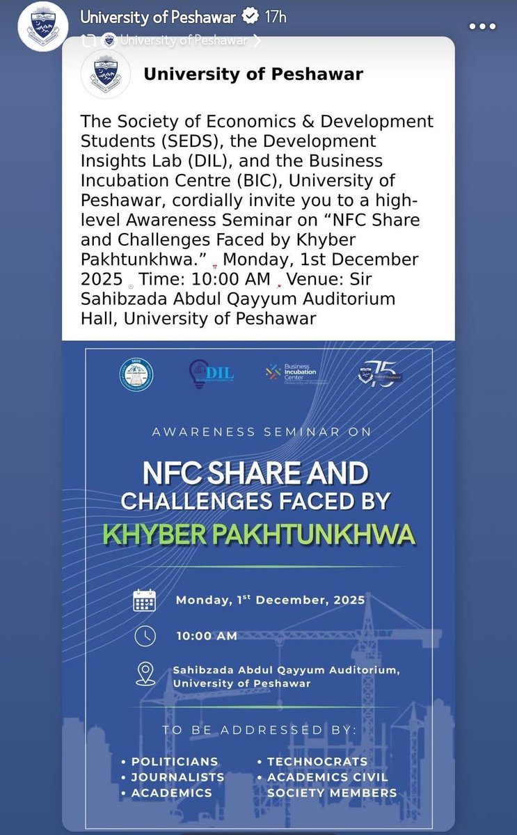 ImFawadKtk's tweet photo. Awareness Seminar on "NFC Share and Challenges Faced by Khyber Khyber".

🗓 : 01 December, 2025 |Monday 
⏰ : 10:00 AM
📍Sahibzada Abdul Qayyum Auditorium, University of Peshawar

#NFC #KPrights #MergedAreas https://t.co/FtaHCxNBoS