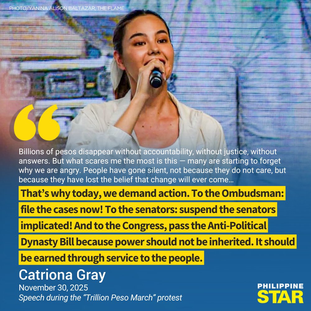 PhilippineStar's tweet image. ‘EVERY TIME WE STAY QUIET, CORRUPTION WINS’ 

Catriona Gray called on government officials to ensure accountability and justice for Filipinos as the country continues to confront widespread corruption.

“To the Ombudsman: file the cases now! To the senators: suspend the senators…