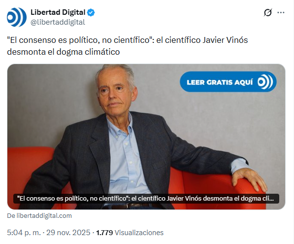 pfbarbadillo's tweet image. Vinós, presidente de la Asociación de Realistas Climáticos:

&quot;Los científicos están obligados a aceptar lo que les imponen quienes les pagan&quot;

&quot;Nos estamos cargando la ciencia&quot;

&quot;Se está asustando a la gente con un estado de crisis y ansiedad permanente&quot;

libertaddigital.com/ciencia-tecnol…