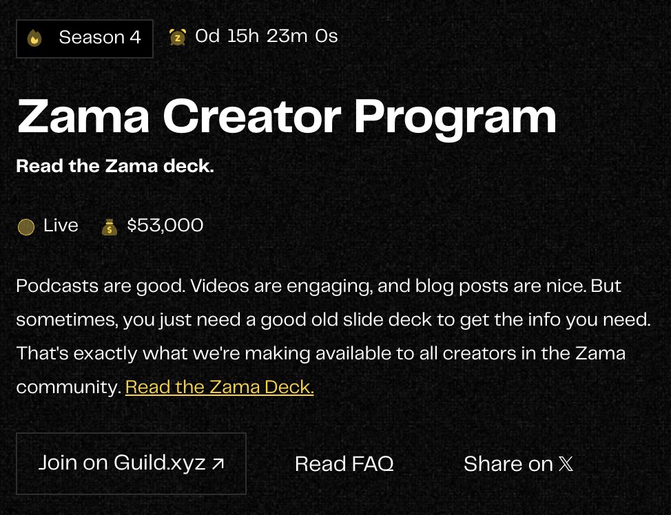 HeathleyETH's tweet image. 🟨⬛️ #ZamaCreatorProgram Son Gün.

Yakın zamanda $ZAMA Token deploy edilmesi ile Aralık ayında TGE yapması beklenen @zama için Season 4&apos;de OG NFT kazanma şansı adına son 15 saate girildi.

Umarım, aylardır emek harcayan herkesi memnun eden güzel bir Airdrop dağıtımı görürüz ❤️
