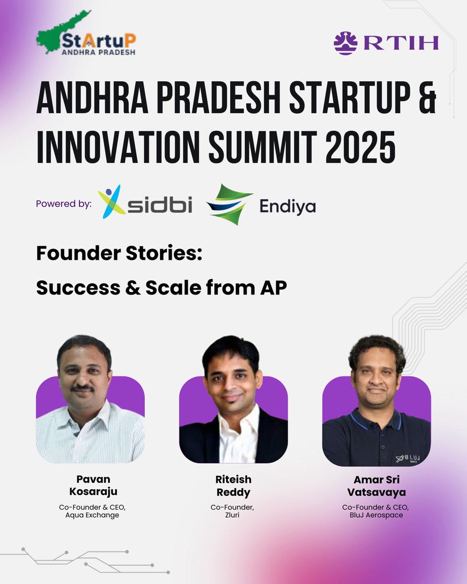 “Join us for an insightful session: Founder Stories: Success &amp; Scale from AP ”

Focusing on success and scale from the region, with insights across Agritech, SaaS, and Deeptech to inspire emerging Andhra Pradesh founders.

Hear the journey straight from the leaders who shaped it.