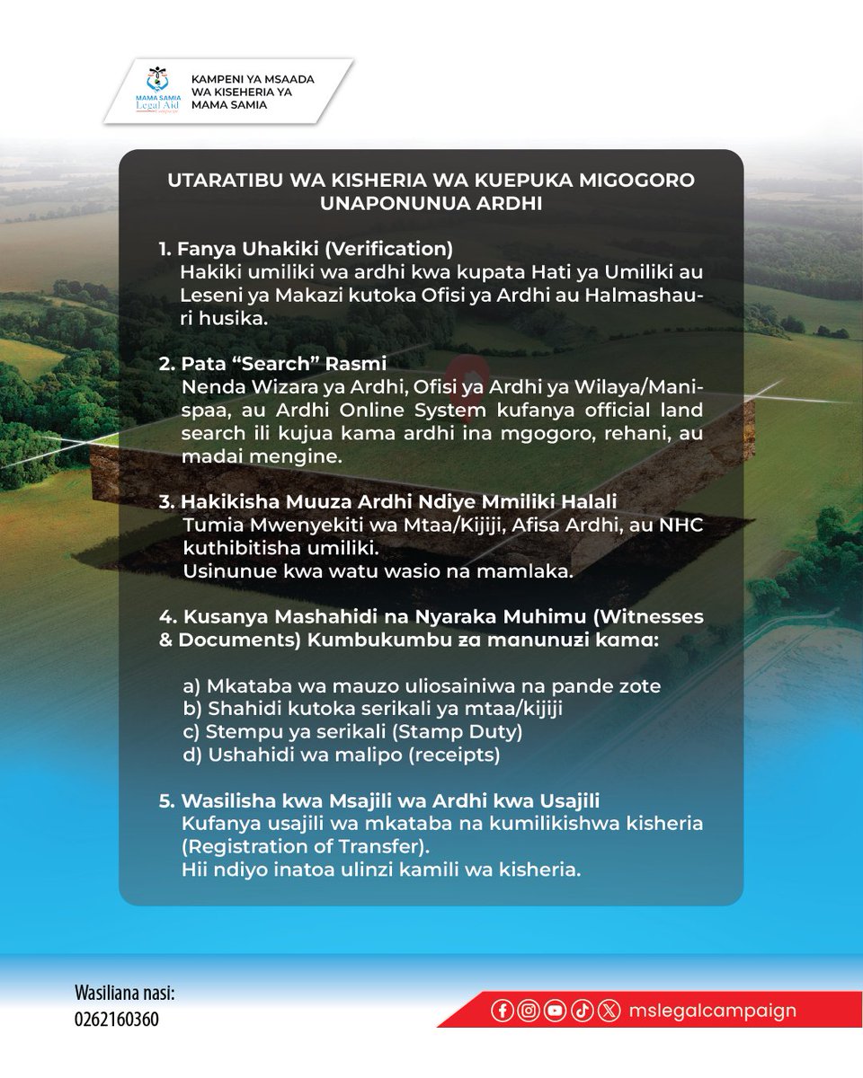 ZIJUE HATUA MUHIMU KABLA YA KUNUNUA ARDHI KUEPUKA MIGOGORO YA ARDHI ISIYO YA LAZIMA.
#katibanasheria #MSLAC #wizarayaardhi #SisiniTanzania #Nchiyangukwanza #TanzaniaNiwajibuwetu #tanzaniayahaki #WizaraYaKatibaNaSheria