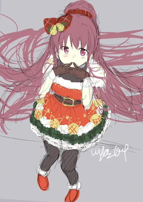 クリスマスな月夜ちゃんの下描き 靴の資料だけわからずそれっぽいの描くか…