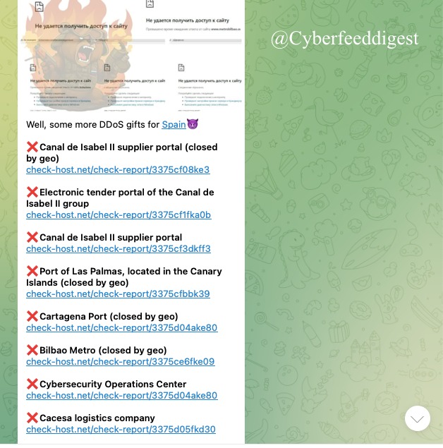 cyberfeeddigest's tweet image. The pro-Russian group #NoName057 targeted websites from #Spain with #DDOS attacks. Affected services include supplier &amp;amp; tender portals of Canal de Isabel II, ports in Las Palmas &amp;amp; Cartagena, Bilbao Metro, a cybersecurity ops center, and logistics firm Cacesa.