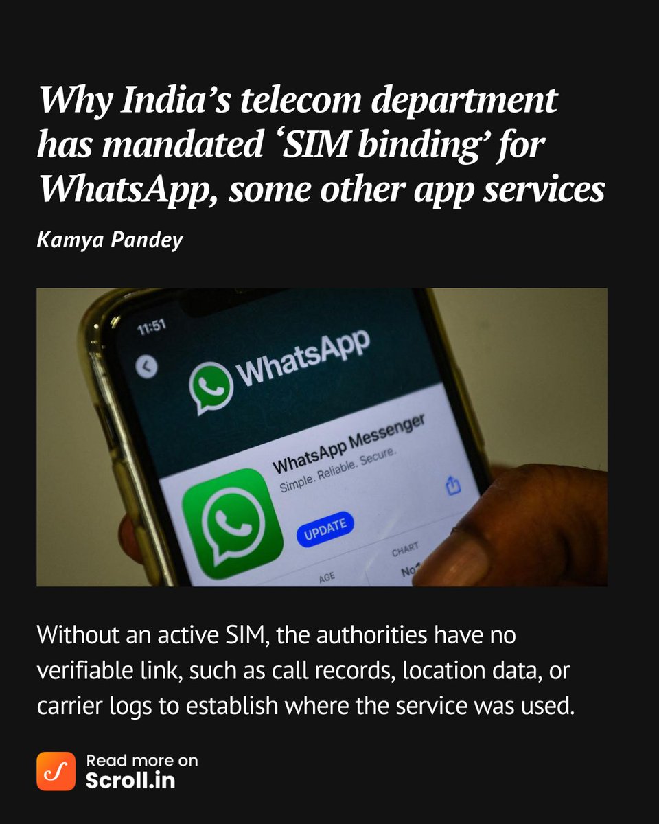 The government has observed that some apps using mobile numbers for customer validation allow access even when the underlying SIM is not present in the device. scroll.in/article/108889…

The government argues that this creates vulnerabilities exploited from outside India to commit
