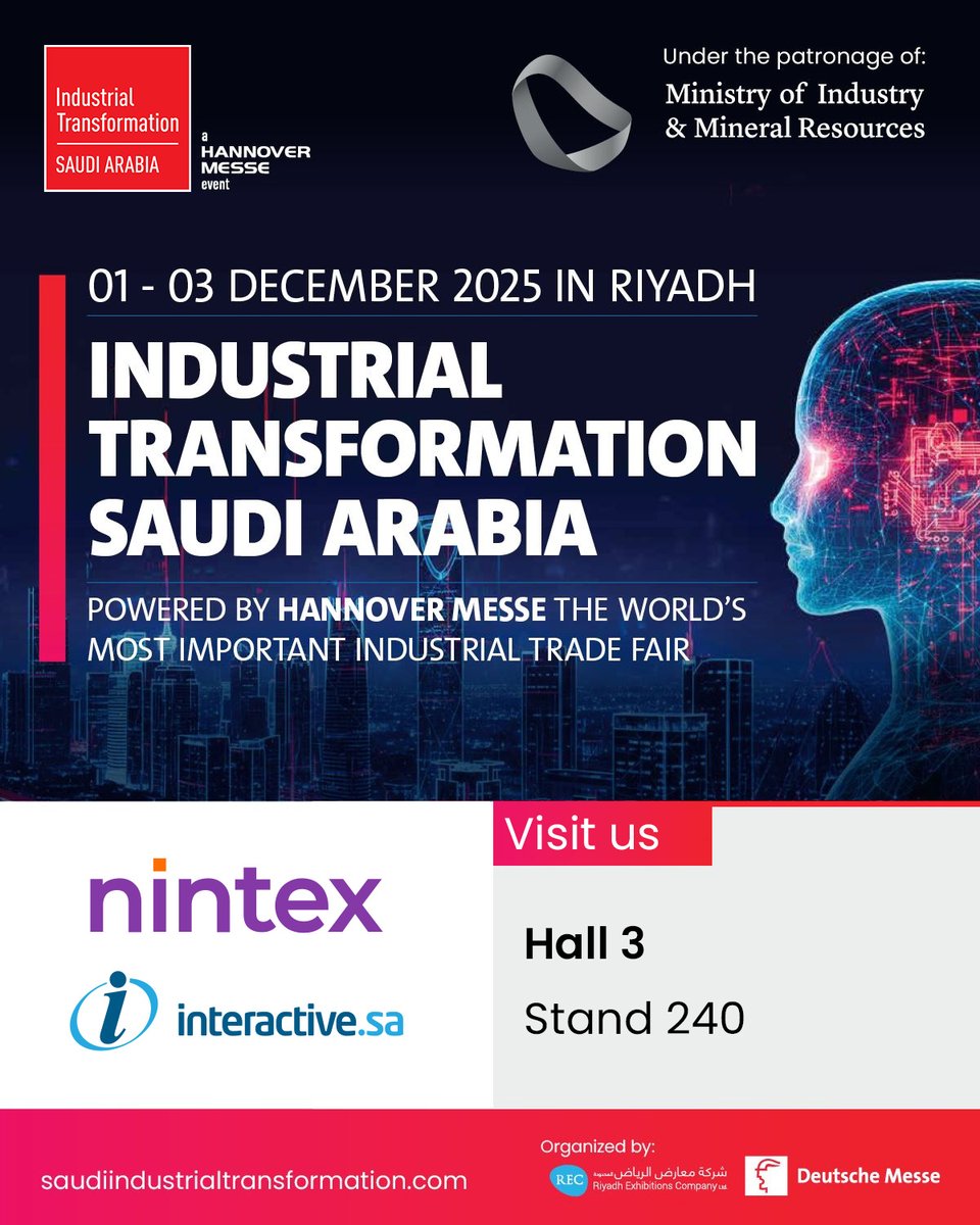 interactivesa's tweet photo. Join us at the first Industrial Transformation – Saudi Arabia 🇸🇦

Together with our partner @Nintex, we’re bringing powerful workflow automation to the Kingdom’s manufacturing sector
#التحول_الصناعي_في_السعودية
#IndustrialTransformationSA https://t.co/zQ5DpWP9Mp