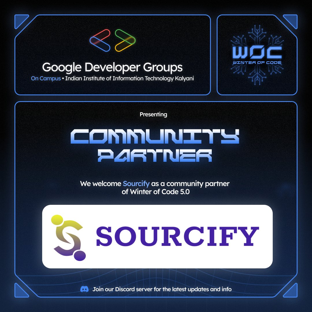 gdsciiitkalyani's tweet image. We’re thrilled to announce Sourcify as a Community Partner for Winter of Code 5.0, in collaboration with GDG On Campus IIIT Kalyani❄️

Register now : winter-of-code-5.devfolio.co/overview
Partner with us : forms.gle/h7BHyFw4v6aFMy…

#WinterOfCode5 #Sourcify #GDGOnCampus #IIITKalyani