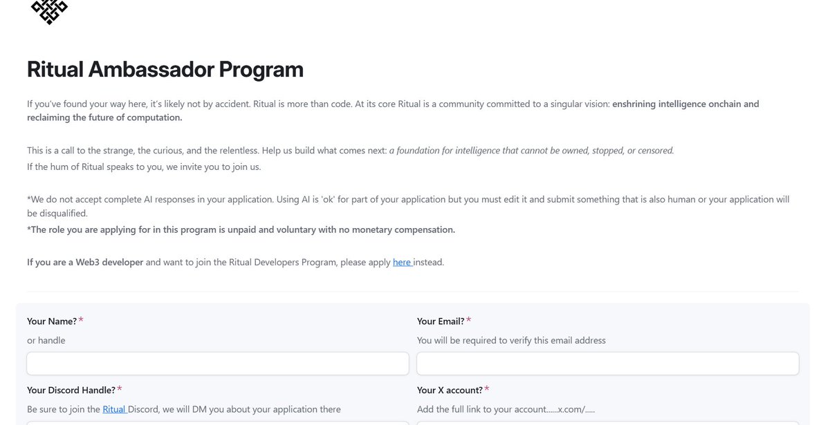 There's not much to do yet on the <a href="/ritualnet/">Ritual</a> testnet. For now,

- Go to ritual-synful.domino.page/quests and complete all quests.

- Join their Discord discord.com/invite/ritual-… and claim roles.

- Join their ambassador program here airtable.com/app0u16cWvRM84…

That's all for now.

GM,