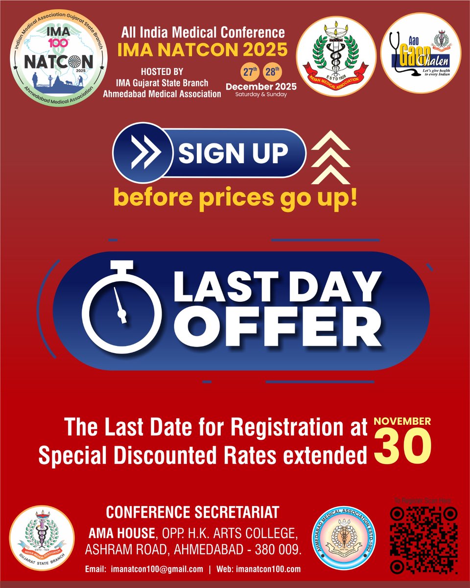 imanatcon100's tweet photo. ⏰ Last Day to Register at Special Rates!

Today is your final chance to secure your spot for IMA NATCON 2025 at the discounted fee. Prices go up after midnight.

Be part of the nation’s largest medical gathering.

Register now: https://t.co/wzvyvCq7MY
#IMANATCON2025 #IMA100Years https://t.co/w8dn8F5Oae