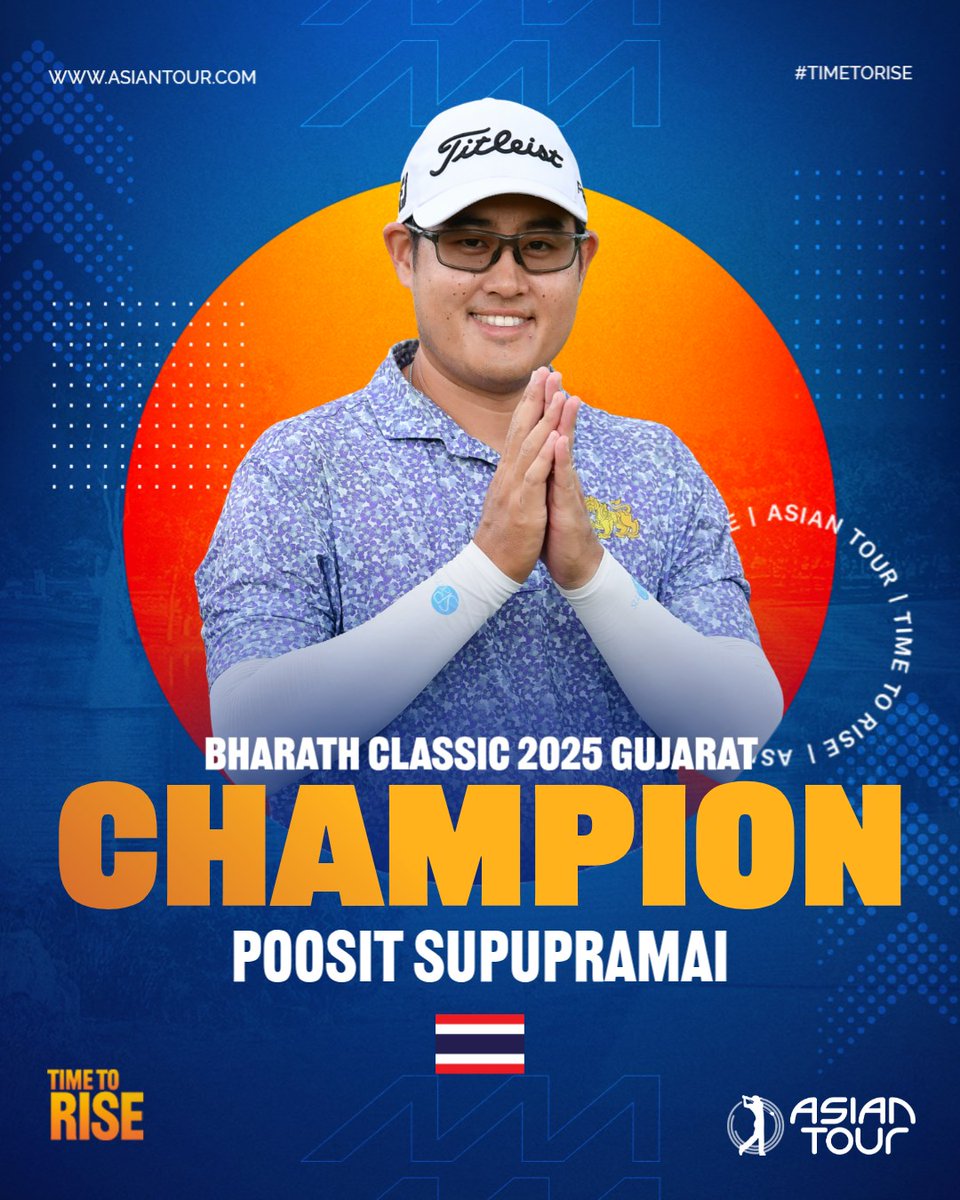 asiantourgolf's tweet image. A career milestone — Poosit Supupramai is now an Asian Tour champion! 🏆

He signs for a closing 69 to win by one shot for his breakthrough victory at the Bharath Classic 2025 Gujarat. 🙌

#BharathClassic2025 #IGPL #TimeToRise
