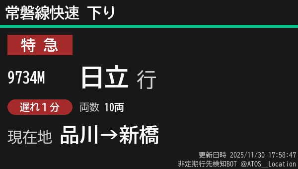 ATOS_Location's tweet image. 【非定期】常磐線快速 下り
列車番号: 9734M
種別: 特急
行先: 日立