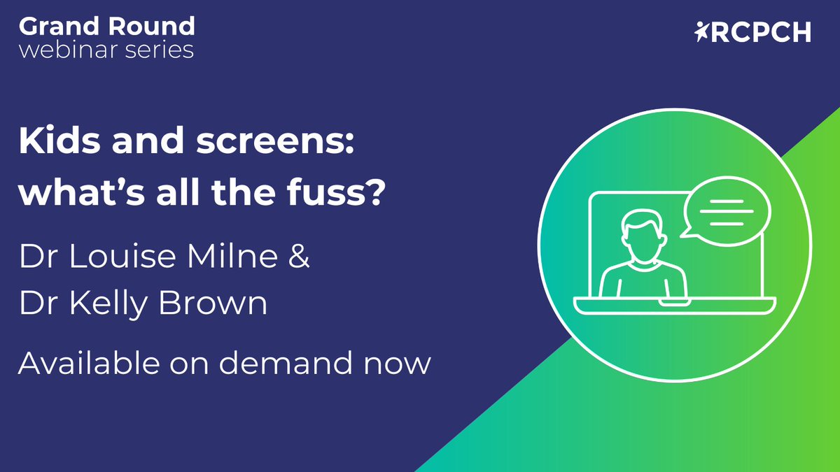 RCPCHtweets's tweet image. Screens are here to stay - but what’s the real impact on children?  Dr Louise Milne &amp;amp; Dr Kelly Brown speak about the impacts of screen time on children and young people, and what healthcare professionals can do to help.

Watch: learning.rcpch.ac.uk/home/webinars/…