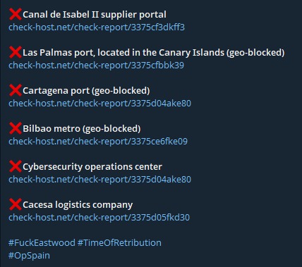 FalconFeedsio's tweet image. 🚨 DDoS Alert  🇪🇸

NoName claims to have targeted multiple websites in Spain.

- Canal de Isabel II
- Ports of Las Palmas
- S2GRUPO
- Metro Bilbao S.A.
- CACESA