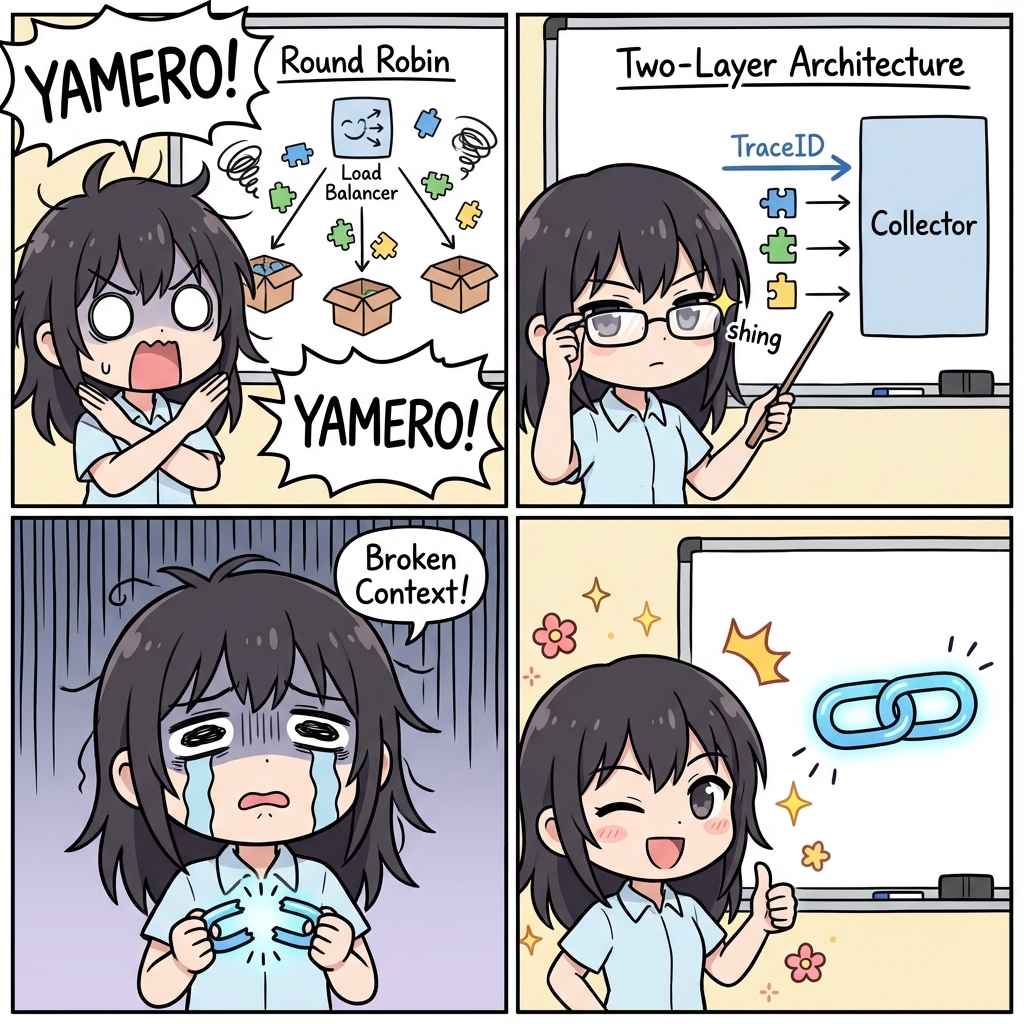 "YAMERO! Don't use Round Robin with Tail Sampling!" 🙅‍♀️ It rips traces apart! 💔 You need the Two-Layer Architecture to route by TraceID! 🛡️ Let me show you the secret to Perfect Recall! ✨ #OpenTelemetry #SRE

controltheory.com/resources/tail…