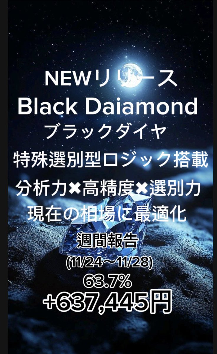 🌑 NEWリリース
Black Diamond – ブラックダイヤ

相場を読み抜く“？ooo
ブラックダイヤが複数ロジックを精密に選別し、勝ちにいく運用を実現します。
最大DD45%を記録し、直近相場にしっかり最適化された攻守バランスの良いプレミアムモデルです。

🔶 ブラックダイヤが選ばれる理由