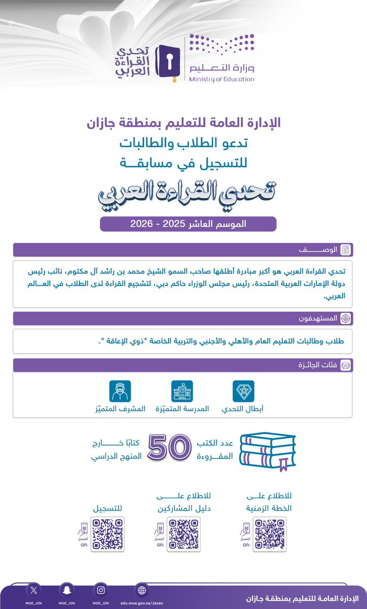 #تعليم_جازان يدعو الطلاب والطالبات للتسجيل في مسابقة #تحدي_القراءة_العربي في موسمها العاشر.

للتسجيل: arcp-s.arabreadingchallenge.com