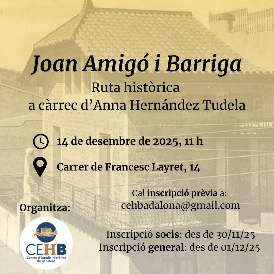 📢Bon dia #Badalona! Com sabeu, el 12/12 tenim conferència sobre l'arquitecte Joan Amigó. Organitzem també una ruta sobre ell a càrrec d'Anna Hernández. 
🗓️14 de desembre de 2025, 11h 
🏛️Carrer Francesc Layret, 14
Inscripció per a socis avui, i a partir de demà general!