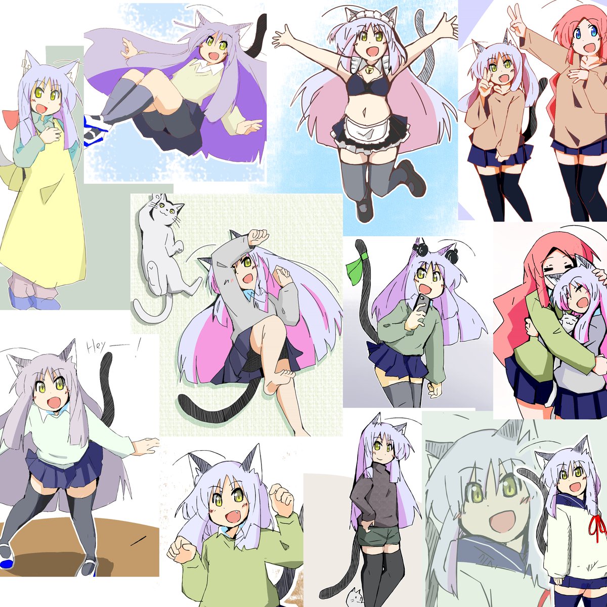 #今月描いた絵を晒そう 
川井さんの絵をこんな感じで並べてみました。
いやあなんというか
こういうのってセンスが問われるというか
上手な人ってすごく上手ですよね…
こういう配置

ねこ川井さん
おんなじ明るい顔で
まぁいいんじゃないかな
みたいな感じで。