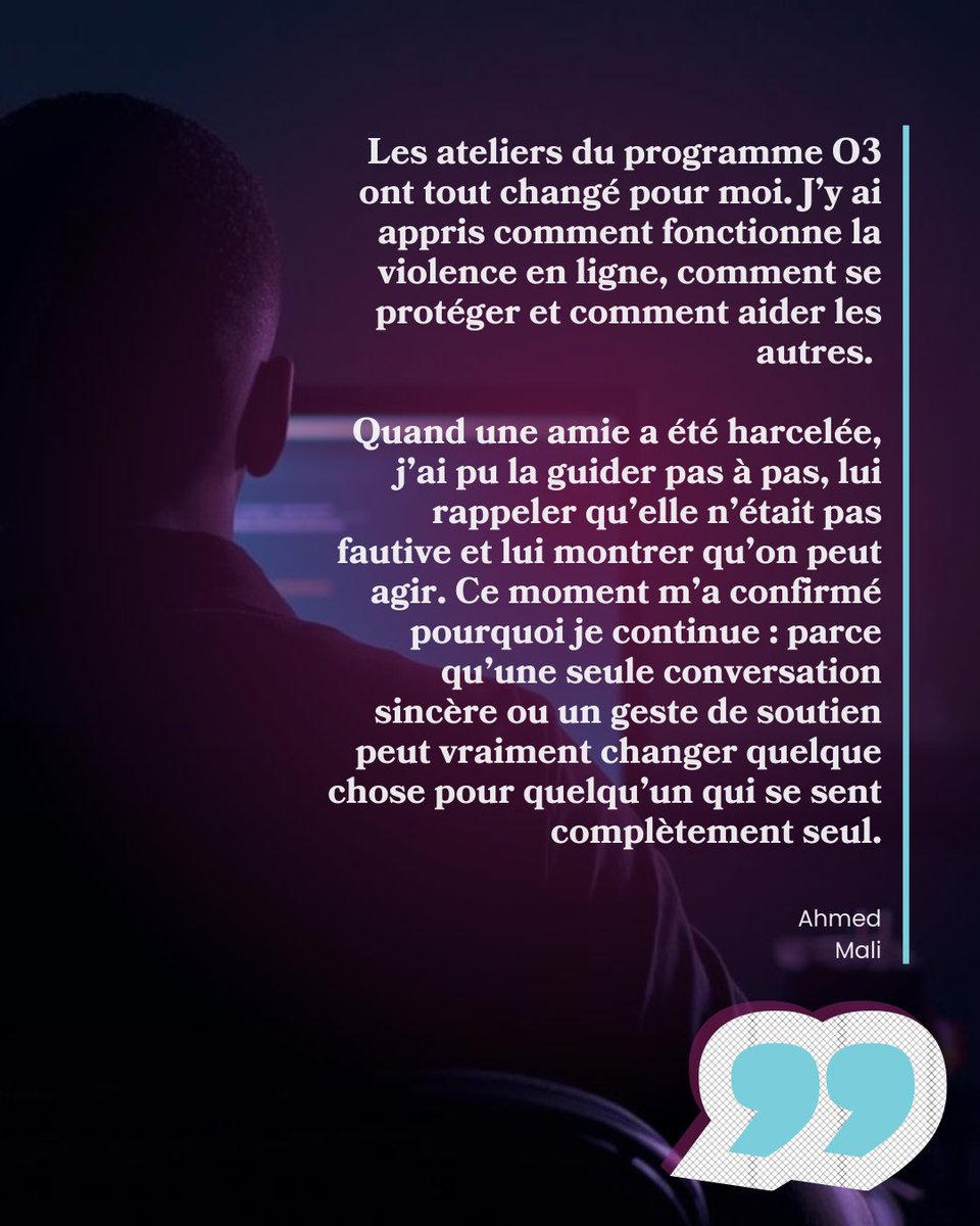 UNESCOKinshasa's tweet photo. 🗣️« Le silence devenait une autre forme de violence. »
Formé grâce au #Programme_O3, Ahmed accompagne aujourd’hui d’autres #jeunes face au harcèlement en ligne 🤝💻.
#16Days #O3 #EngagementAOC https://t.co/6YlwJFADXa