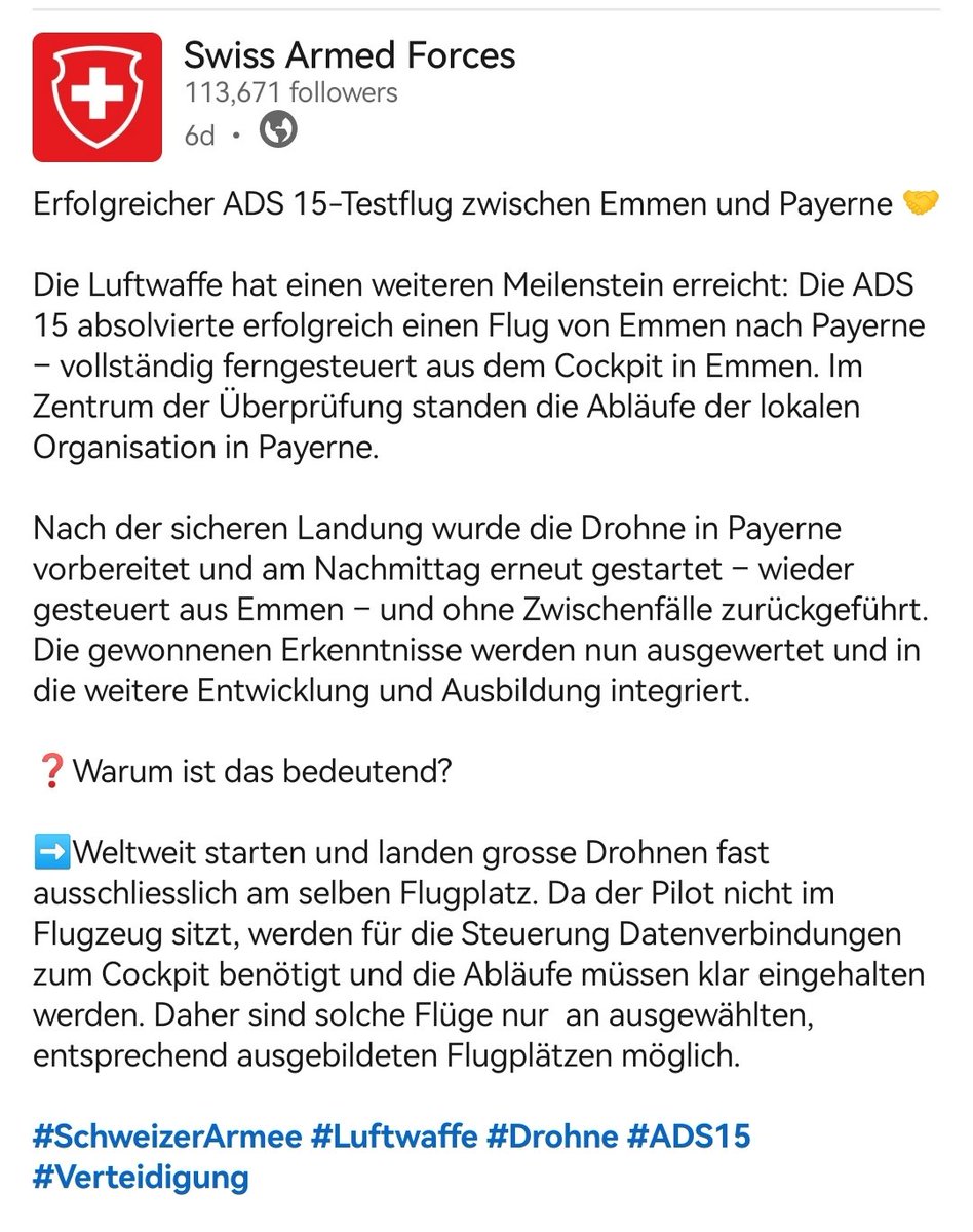 barbouillech's tweet photo. "Erfolgreicher #ADS15-Testflug zwischen Emmen und Payerne"
Oh, es fliegt. 👏👏👏
Aufgrund der schlechten Wetterbedingungen sicherheitshalber begleitet. https://t.co/umRIAQP1EM