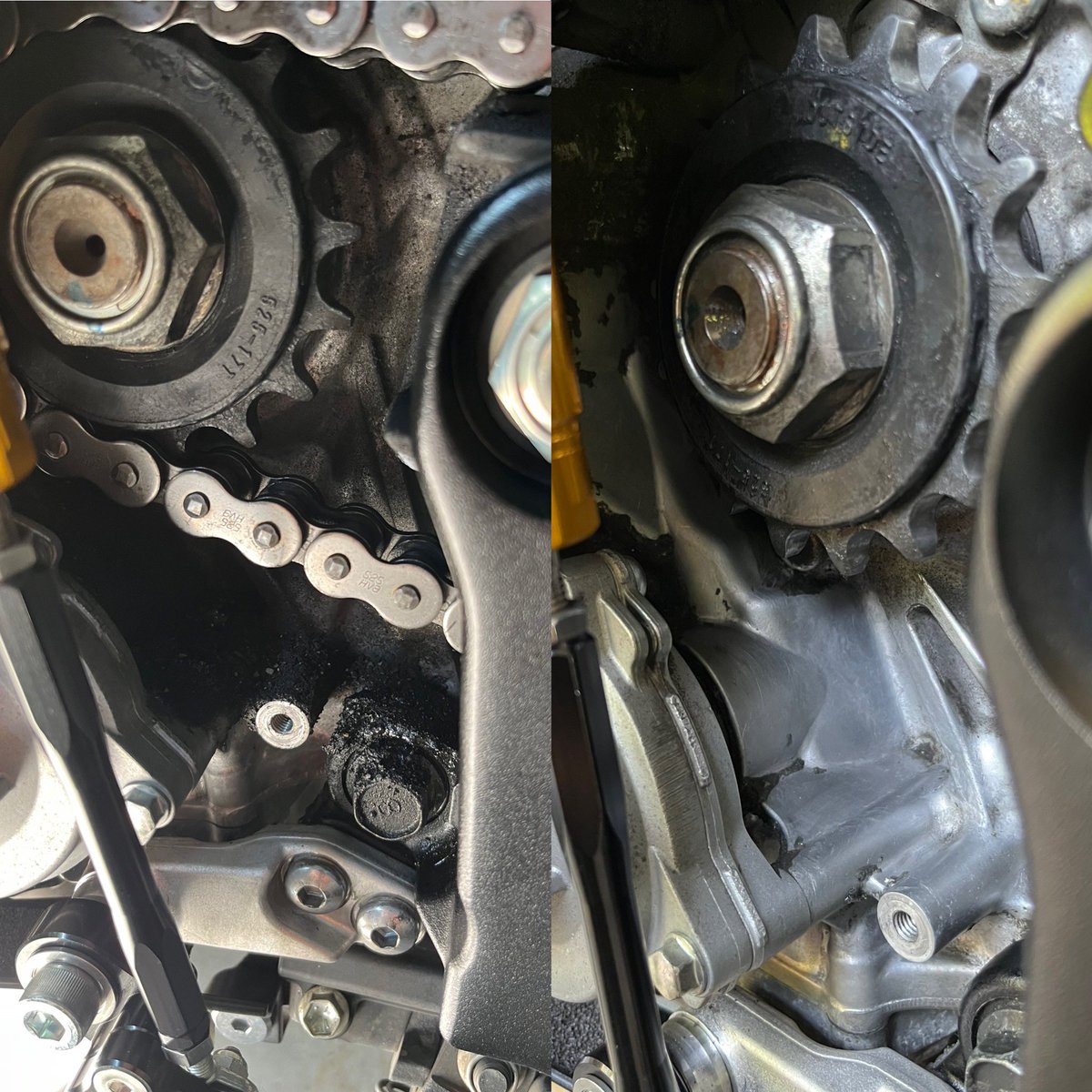 omeki51's tweet image. 【GSX-R1000R日誌】
🇹🇭2017年登録から一度も替えていないであろうチェーンにサビも浮いてきたのでDIDの525ZVM-X2のブラックへDIY交換(かし丸君使用)。ドライブスプロケット周り、チェーンカバー裏はやれる範囲でキレイにした。張りを調整して終了。見た目も良くなった😎ODO12,284km

#GSXR1000R
#DID