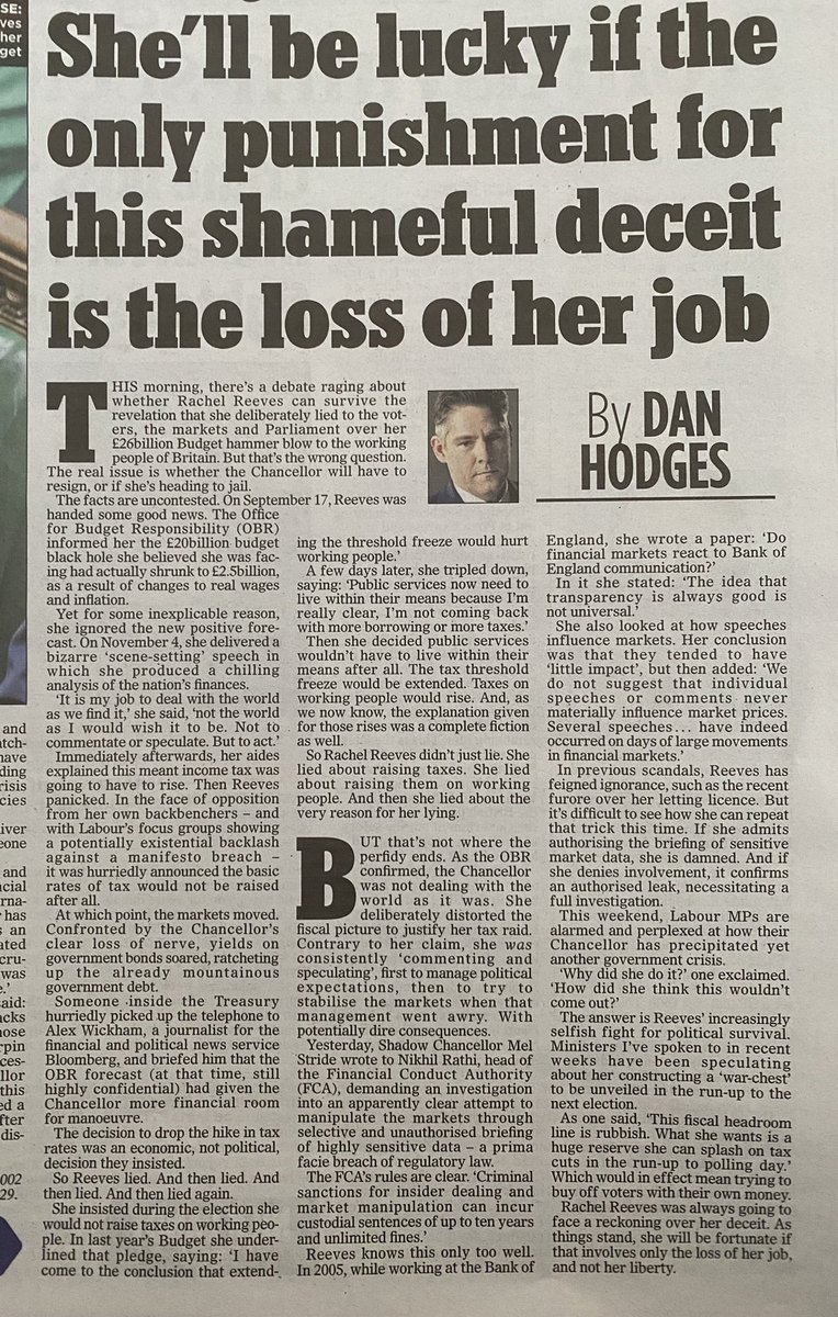 Anyone on here think Reeves hasn’t done anything wrong should read <a href="/DPJHodges/">(((Dan Hodges)))</a> column. She’s lied, lied, and lied. How can people, markets, investors, business believe her ever again? She’ll be lucky if she only loses her job.