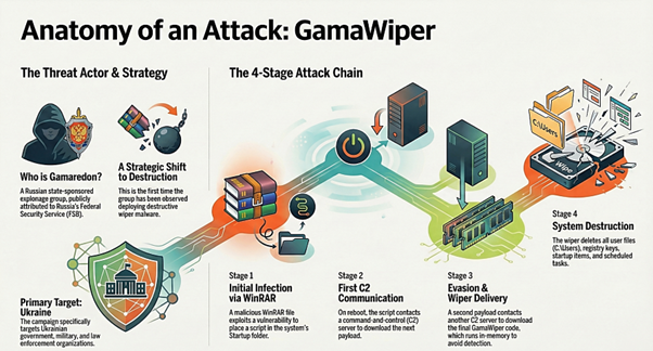 A new wiper attack has been identified by ClearSky Cyber Security affecting Ukraine. 
We named this wiper "GamaWiper" (VBS-based wiper).
The intrusion chain begins with the exploitation of a vulnerable WinRAR version (CVE-2025-80880). We assess with moderate confidence that this