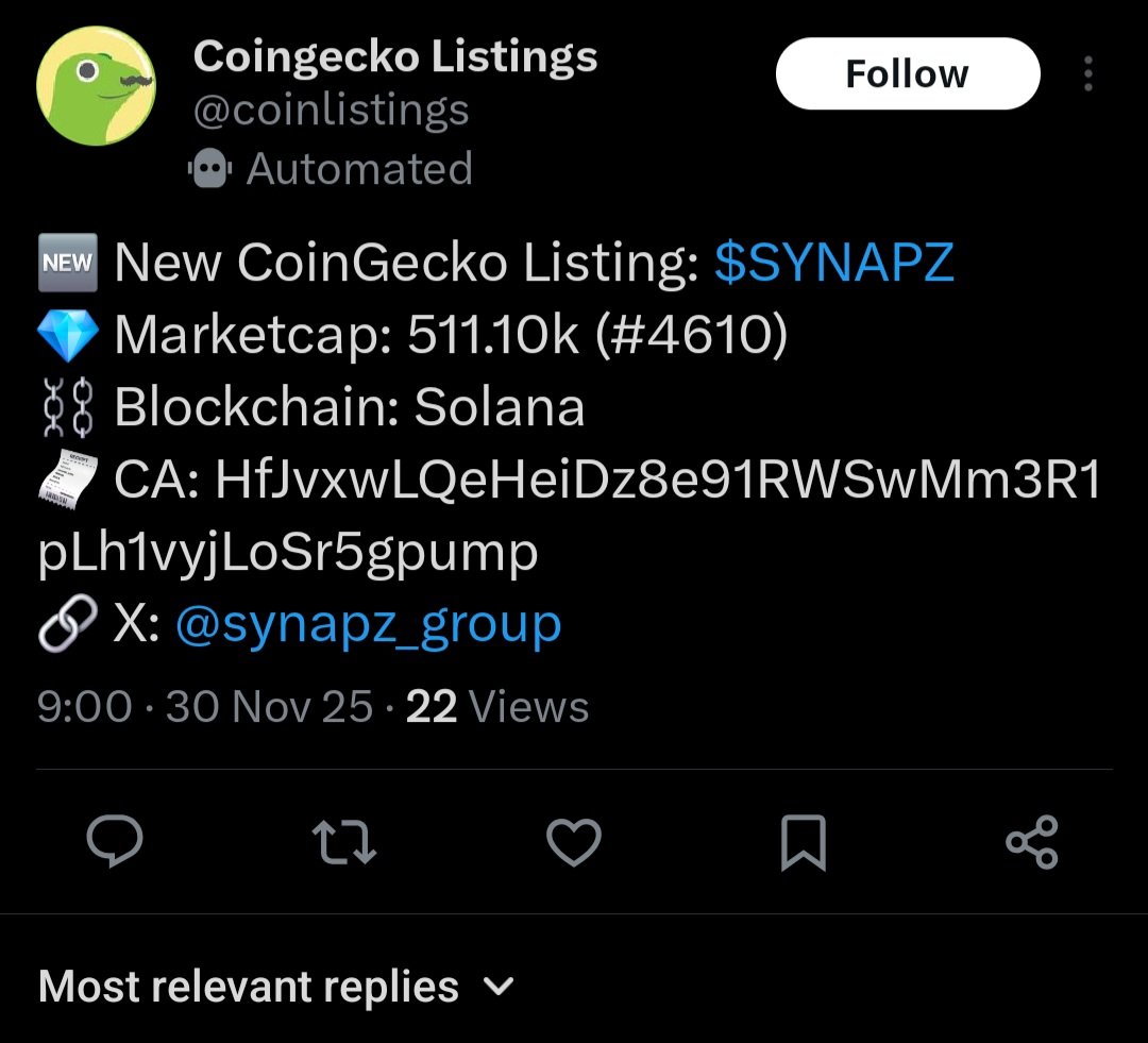 🚨 WE’RE OFFICIALLY ON COINGECKO 🚨

$SYNAPZ just landed its CoinGecko listing 🟣⚡️
The swarm is now visible to the entire market.

📊 MC: $511k and climbing
🔗 Chain: Solana
📜 CA: HfjvxwLQeHeiDz8e91RWSwMm3R1pLh1vyjLoSr5gpump

The 128-node SYNAPZ Swarm Engine™ is now