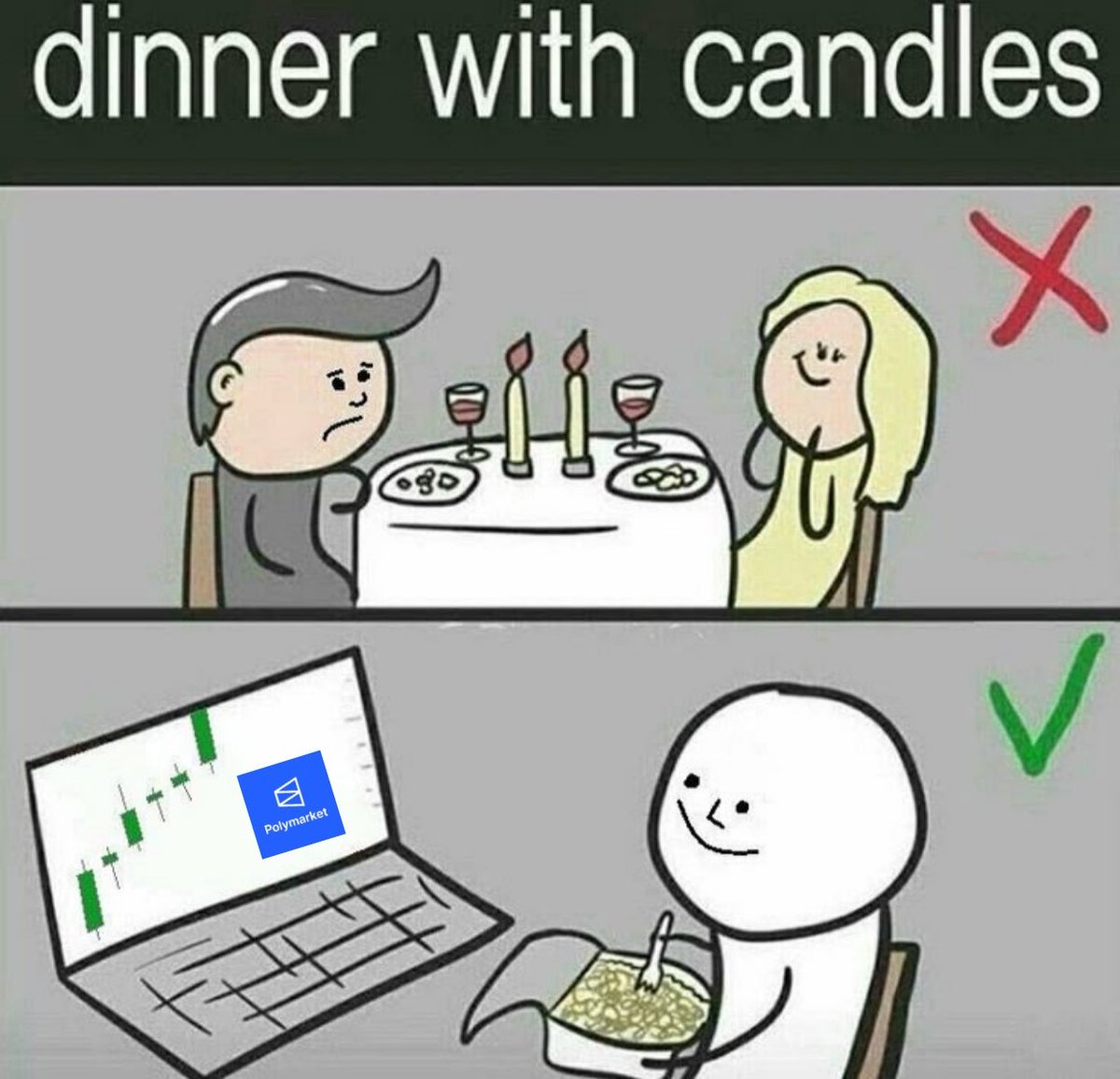 bitdevhunter's tweet image. Dinner with candles ❌️
Dinner with green candles on Polymarket ✔️

@Polymarket