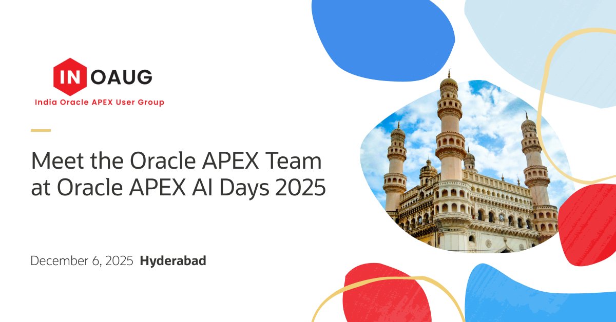 OracleAPEX's tweet image. 🎉 Hey, Oracle APEX community in India! Ready to explore what&apos;s next on the roadmap for Oracle APEX?

Join the Oracle APEX Team at Oracle APEX AI Days, organized by the India Oracle APEX User Group (INOAUG)

For more updates, check out our latest blog: social.ora.cl/60117tMGR…