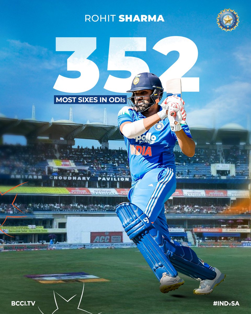 BCCI's tweet image. 🚨 Record Alert 🚨

Rohit Sharma now holds the record for most sixes in ODI cricket history! 🙌

TAKE. A. BOW 🙇‍♂️

Updates ▶️ bit.ly/INDvSA-1stODI-…

#TeamIndia | #INDvSA | @IDFCFIRSTBank