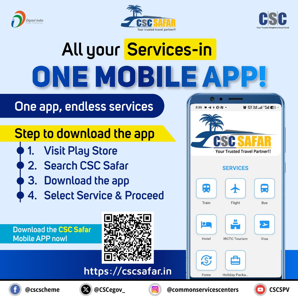 CSCegov_'s tweet image. CSC Safar Mobile APP - All your services in one mobile app!

One app, endless services...

To download, visit: play.google.com/store/apps/det…

#CSC #CSCSafar #CSCSafarApp #Digitalindia #CSCTravelService #DigitalInclusion #DigitalTransformation