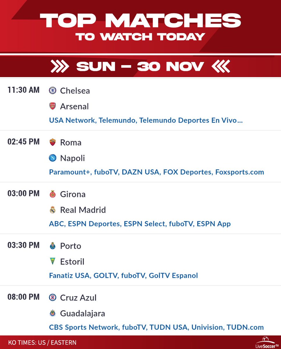 Chelsea vs Arsenal is the biggest game of the day, but there are more exciting matches to watch today than just #CHEARS!

📺👉 Palace vs Man Utd (USA Network, Telemundo)

📺👉 West Ham vs Liverpool (Peacock)

📺👉 Chelsea vs Arsenal (USA Network, Telemundo)

📺👉 Roma vs Napoli