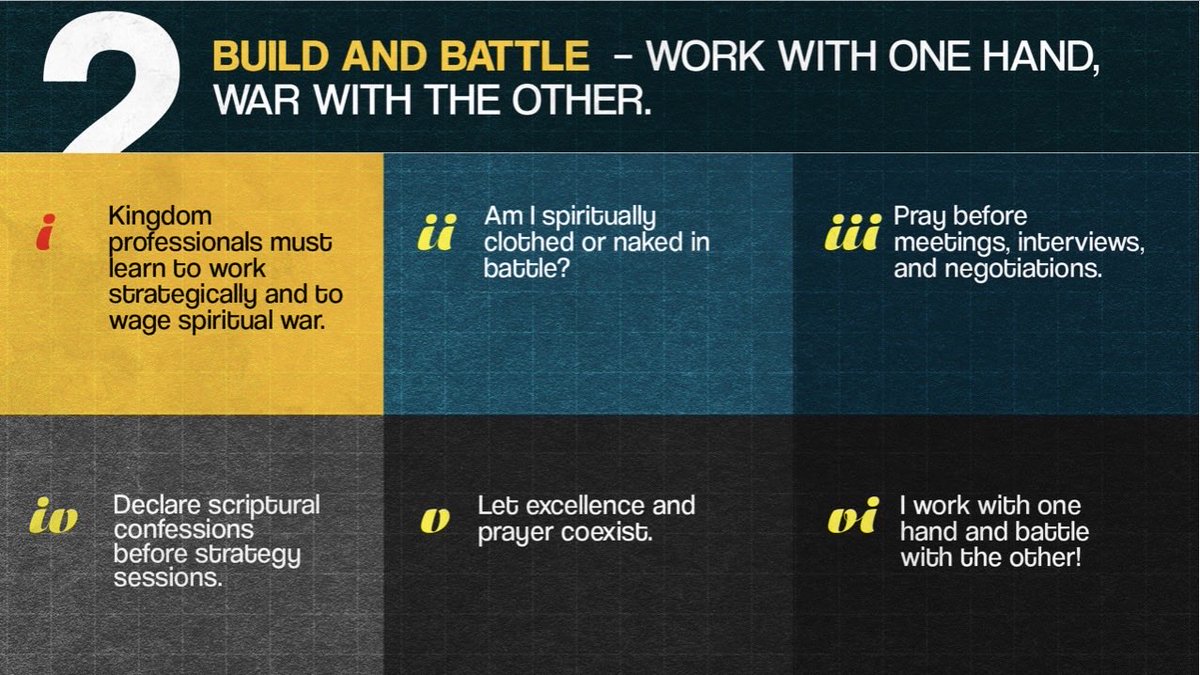 elevationng's tweet image. 2, Build and battle - work with one hand, war with the other.

#WorkAndWarfare
#PrayerAndAnointingService
#GodAtWork
#GloriousLightGreatGrace
#ElevationNG
#SundaysAtTEC