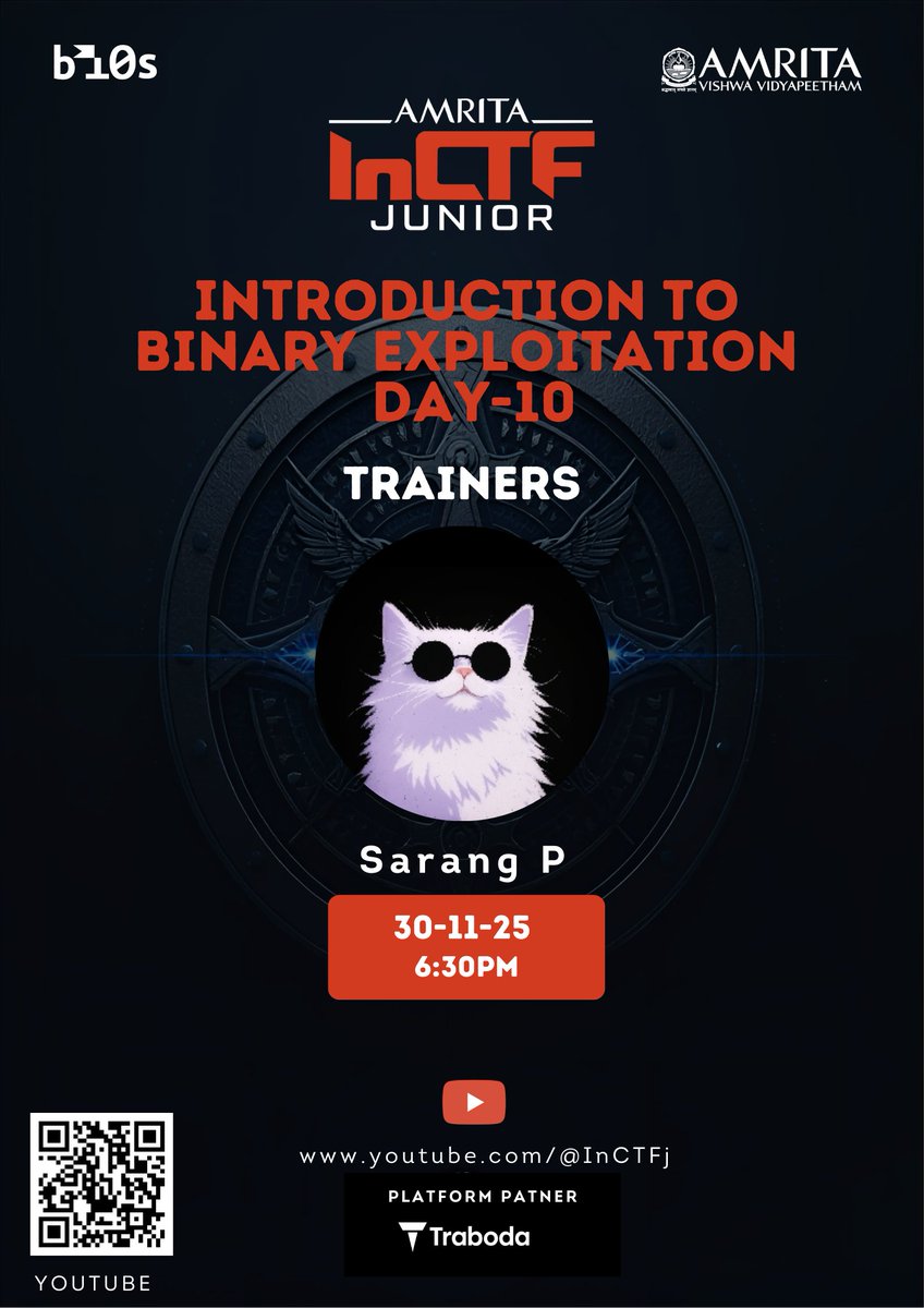 InCTFj's tweet image. Today&apos;s Learning Round session covers Introduction to Binary Exploitation - Day 10.

Join us at 6:30 PM on YouTube @InCTFj as we break down essential Binary Exploitation concepts used in CTFs.

Participation is free for all school students. Register at quals.junior.inctf.in.