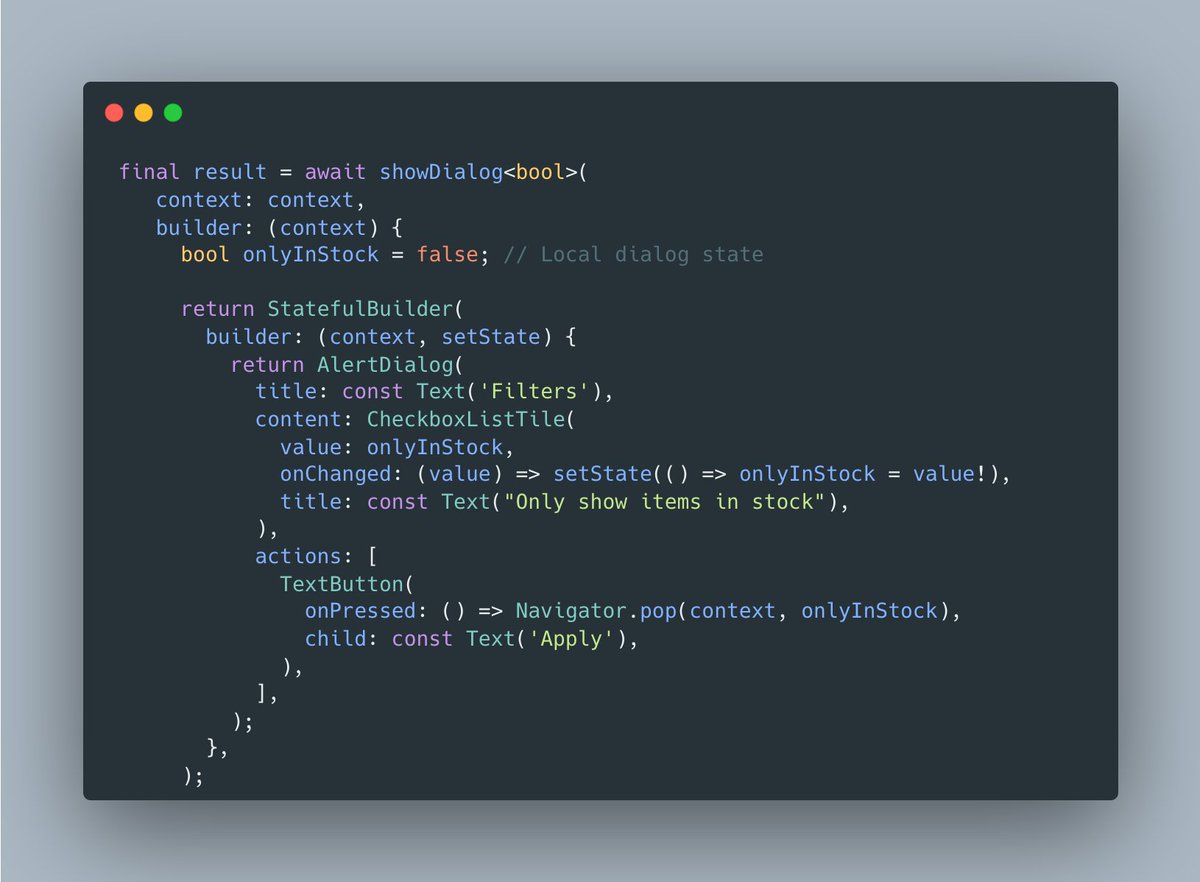 milad_akarie's tweet image. StatefulBuilder is one of Flutter&apos;s most underrated widgets—I often forget to use it myself.
⬇️ The example below shows how to create a stateful dialog without writing a separate StatefulWidget.
#FlutterDev