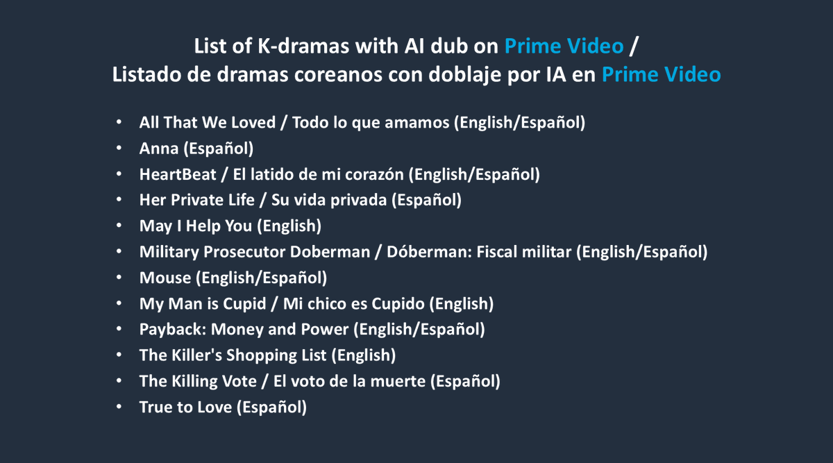 Unfortunately, it’s not only anime titles on Prime Video that are affected by AI dubs, but also K-dramas, among others. It would be great if this issue could receive attention as well. Here is the list of titles I’m aware of. #PrimeVideo #AI #Dubbing