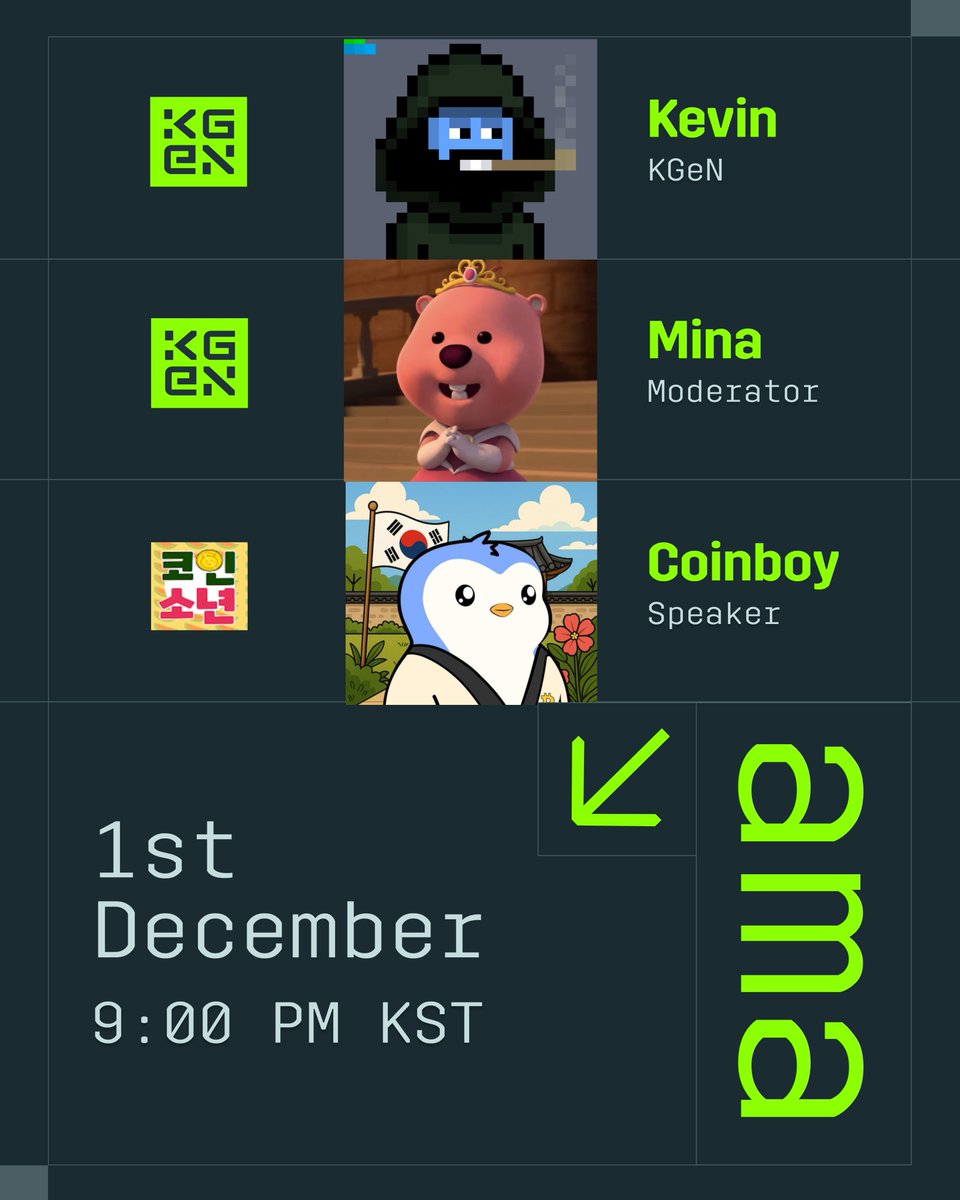 🟩 Join us tomorrow with <a href="/coinboy717/">코인소년 COINBOY</a>!

We’re going live, and our very own <a href="/JunSukChoi2/">Jun Suk Choi</a> will be talking about KGeN, what we’re building in Korea, and what the community can look forward to in the coming months.

📅 1st December
⏰ 9:00 PM KST | 12:00 PM UTC

See you there!