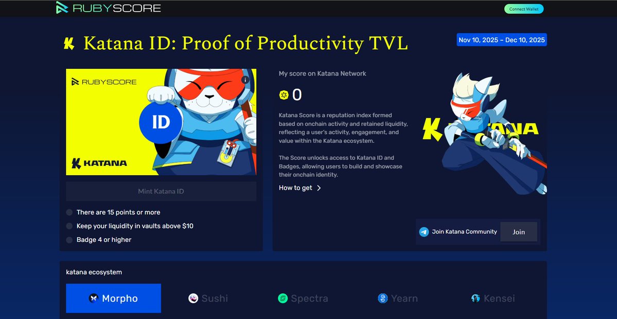mralpha_web3's tweet image. 🔴Maximize your chances for $KAT airdrops and NFT whitelist on the @katana  network

This powerful DeFi L2 is backed by Polygon Labs &amp;amp; GSR, having attracted $250M+ in TVL

🔻Go to the link below🔻
 katana.rubyscore.io

🔸Guide to Claiming Every Katana Badge Easily
🔸Here is…