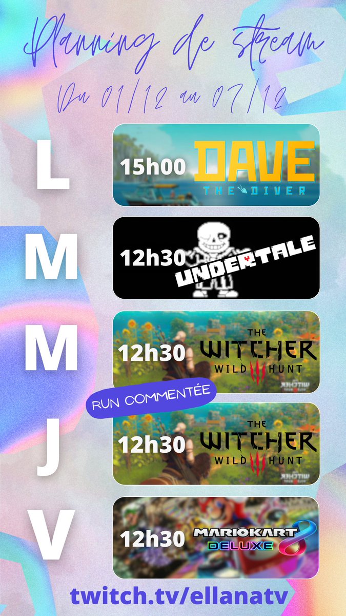 🎉 Une grosse semaine en vue, c'est là-dessus que le premier planning de Décembre arrive !

☕ Envie de passer des après-midis réconfortantes ? Je suis en stream tous les jours de semaine de 12h30 à 17h30 sur twitch.tv/ellanatv , viens prendre ton café avec nous !