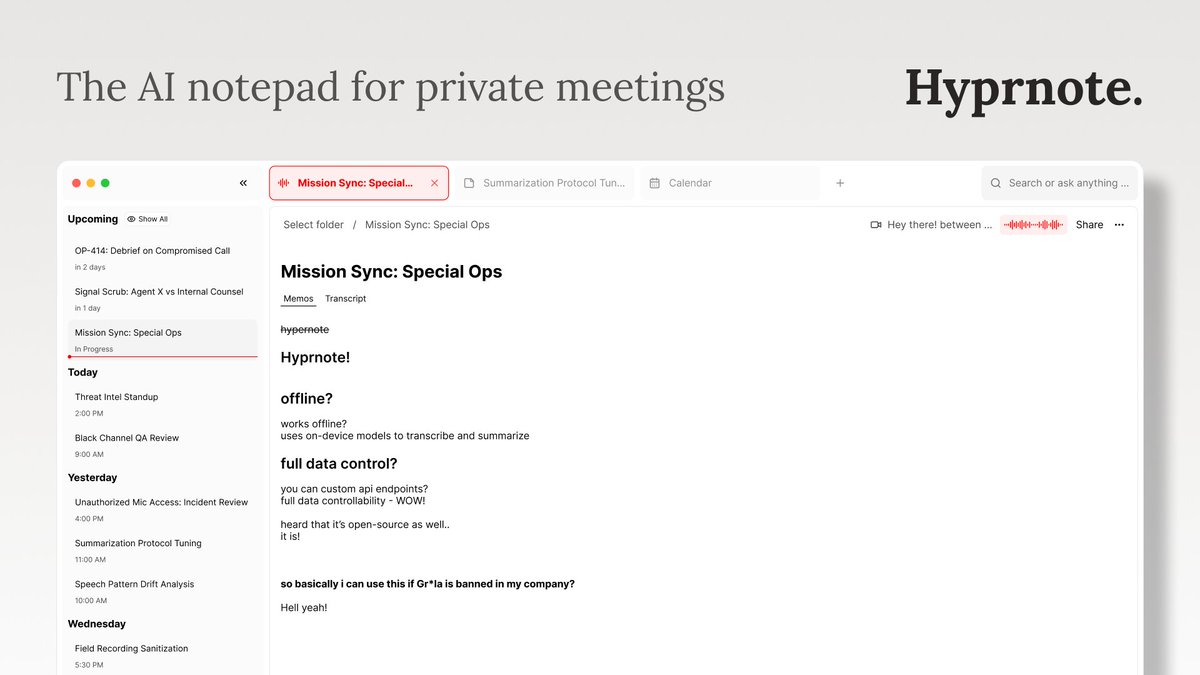 GitHub_Daily's tweet image. 开会时一边听讲一边还要疯狂敲键盘记笔记，会后还要整理录音更是痛苦。而市面上的 AI 会议助手往往需要上传数据，隐私问题让人担忧。

最近在 GitHub 上找到了 Hyprnote 这个开源项目，一款本地优先的 AI 会议笔记应用，主打隐私安全和离线运行。…