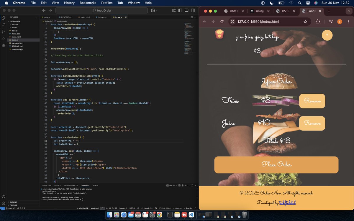 techftabdul's tweet image. 🚀 Building in Public — Restaurant Ordering App

Today I deployed the first version of my Restaurant Ordering App!  
Check it out: deliciousbitesfoodorder.netlify.app

I’m building this project in public, sharing every win, lesson, and challenge as I improve it.

🍽️ What’s done so far:
•…