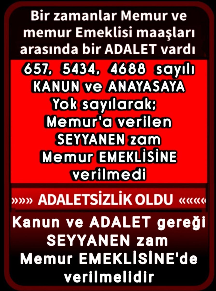 Seyyanen zam #EmekliMemur un yasal hakkıdır. 375/40 ek madde iptal edilmelidir. 
<a href="/Akparti/">AK Parti</a> <a href="/RTErdogan/">Recep Tayyip Erdoğan</a> <a href="/MHP_Bilgi/">MHP</a>
#MemurEmeklisineAdalet