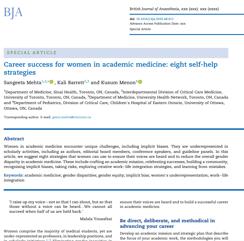 BJAJournals's tweet photo. #BJA #specialarticle from Mehta et al. suggesting eight self-help strategies women can use to ensure their voices are heard and to help build a successful #academic career
https://t.co/VCHqZllvd6 https://t.co/qgctc4ztwq