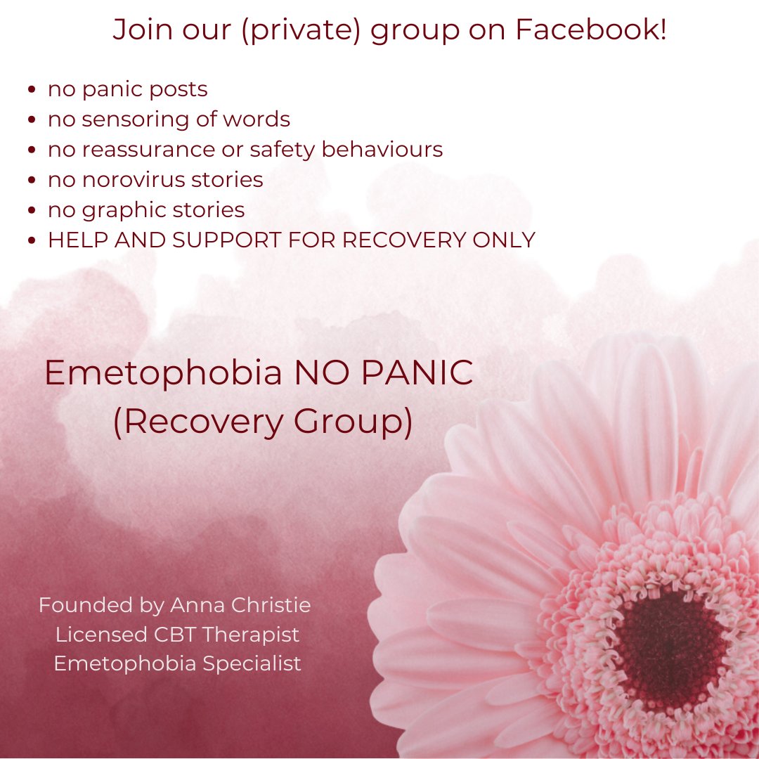 Are you looking for an #emetophobia community where panic posts are not allowed, people can’t ask for reassurance, they don’t censor words, just discuss their recovery journeys? Go to Emetophobia NO PANIC (Recovery)Group at facebook.com/groups/emetoph…