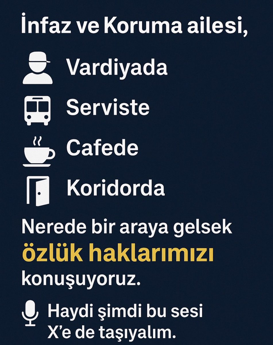 infazkorumaTR's tweet photo. 📌 𝗗𝗲ğ𝗲𝗿𝗹𝗶 İ𝗻𝗳𝗮𝘇 𝘃𝗲 𝗞𝗼𝗿𝘂𝗺𝗮 𝗠𝗲𝘀𝗹𝗲𝗸𝘁𝗮ş𝗹𝗮𝗿ı𝗺ı𝘇,👮🏼‍♂️

Birimde…𝙠𝙤𝙣𝙪ş𝙪𝙮𝙤𝙧𝙪𝙯
Vardiya masasının başında 𝗸𝗼𝗻𝘂ş𝘂𝘆𝗼𝗿𝘂𝘇…
Serviste, yolda 𝗸𝗼𝗻𝘂ş𝘂𝘆𝗼𝗿𝘂𝘇…
Cafede dostlarla yine 𝗸𝗼𝗻𝘂ş𝘂𝘆𝗼𝗿𝘂𝘇…

Kısacası fırsat buldukça her yerde ö𝘇𝗹ü𝗸 𝗵𝗮𝗸𝗹𝗮𝗿ı𝗺ı𝘇ı dillendiriyoruz.

📢 Gelin bunu X’te de yapalım!
Birlik olalım, 𝘀𝗲𝘀𝗶𝗺𝗶𝘇𝗶 daha güçlü 𝗱𝘂𝘆𝘂𝗿𝗮𝗹ı𝗺.

📍𝟯𝟬 𝗞𝗮𝘀ı𝗺(𝗕𝘂𝗴ü𝗻)𝗦𝗮𝗮𝘁: 𝟮𝟬:𝟬𝟬 𝗱𝗲
