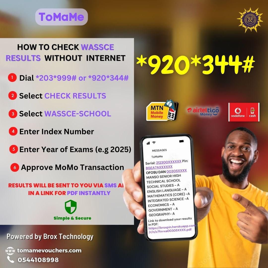 WahidHansen's tweet image. No data? No problem. Use *282*999# or *920*344# to check your WASSCE results instantly.

#CheckWASSCEResultsWithToMaMe