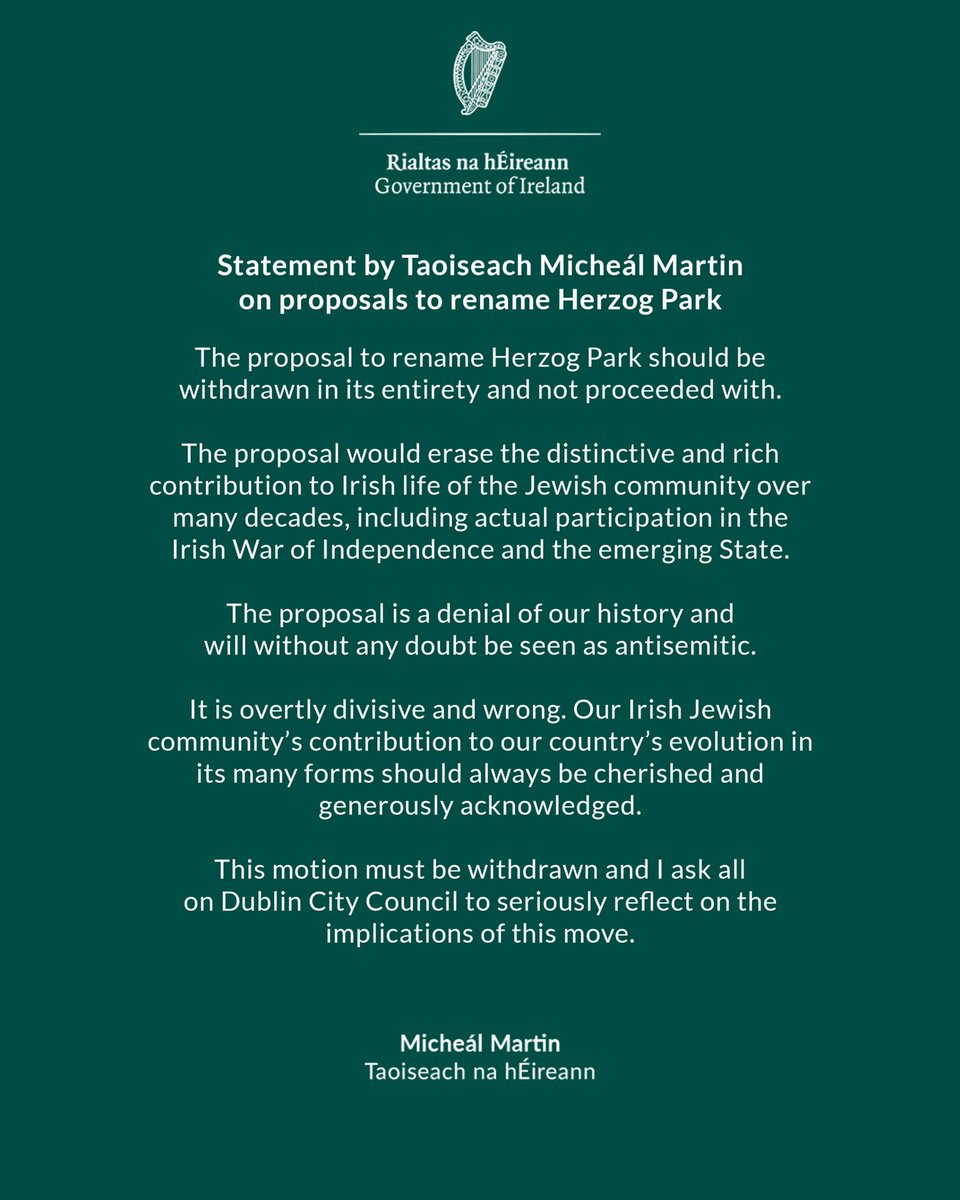 MichealMartinTD's tweet image. The proposal to rename Herzog Park should be withdrawn in its entirety and not proceeded with.