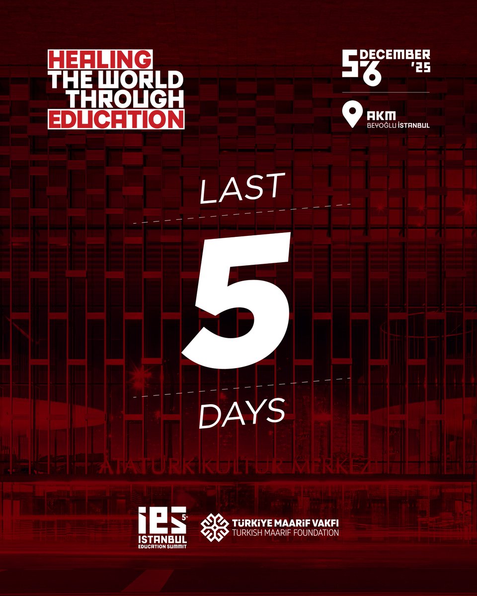 Last 5⃣ days for the 5th Istanbul Education Summit!

This year's theme ❝Healing the World Through Education❞ will bring together academics, experts, educators and policy makers.

🗓 Don't forget to mark your calendar for December 5 - 6.

To register for #IstanbulEducationSummit