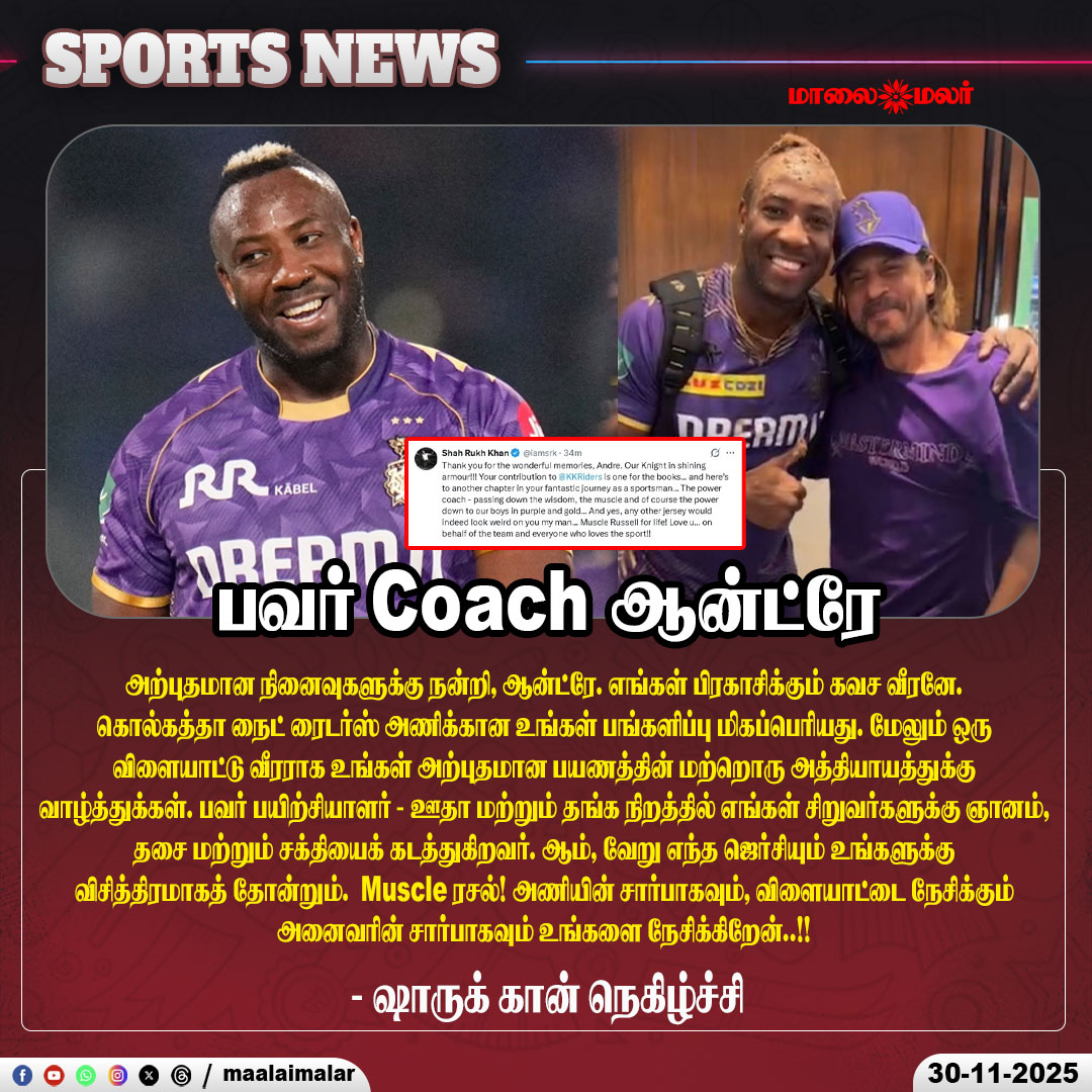 maalaimalar's tweet photo. பவர் Coach ஆன்ட்ரே - ஷாருக் கான் நெகிழ்ச்சி
#ThankYouAndreRussell #MuscleRussell #KKRLegend #KnightForLife #PurpleAndGold #CricketHero #RussellPower #KKRFamily #CricketTribute #ChampionPlayer #IPLIcon #MMNews #Maalaimalar https://t.co/y5ekgrn93J